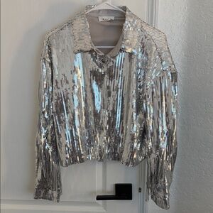 Vici Silver Sequin Fringe Button Up Long Sleeve